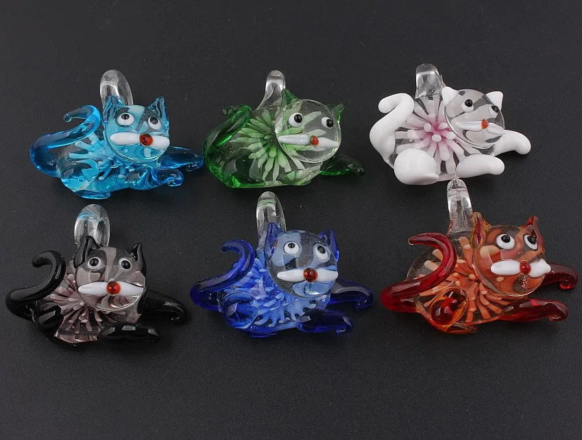 Wholesale 6Pcs Lovely 3D Cat Flower Christmas Murano Lampwork Glass Pendant Fit Necklace New