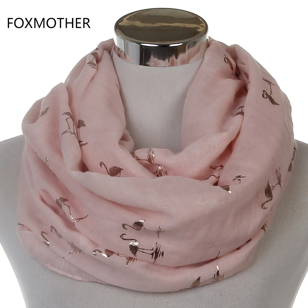 FOXMOTHER  New Fashion Shiny Pink Mint  Bronzing Foil Gold Flamingo Swan Ring Scarf Snood Foulard Shawl Women Dropshipping