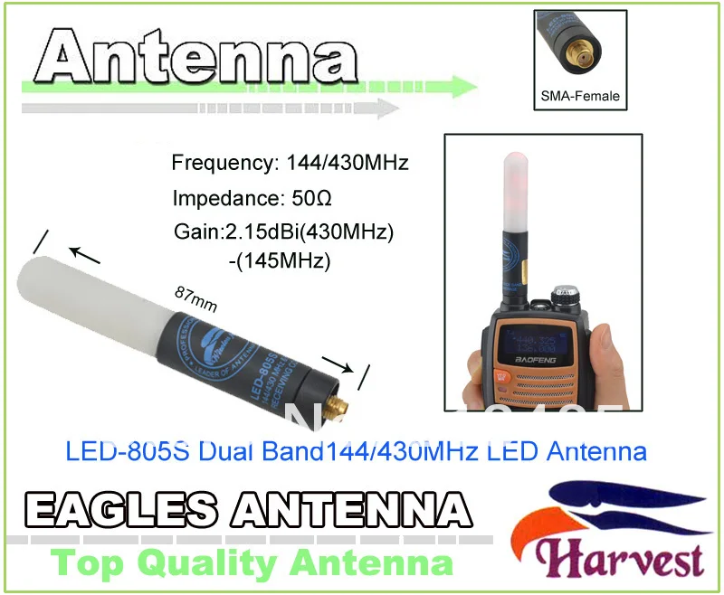 

SMA-Female Connector Original Harvest LED-805S Dual Band 144/430MHz eagles LED Antenna for Baofeng UV-5R Radio