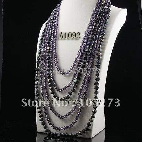 Free Shipping A1092 6Rows Purple CrystL Black Pearls 4-8MM 60-85CM Crystal Fresh Water Pearls Necklace HOT SALE PEARL JEWELRY