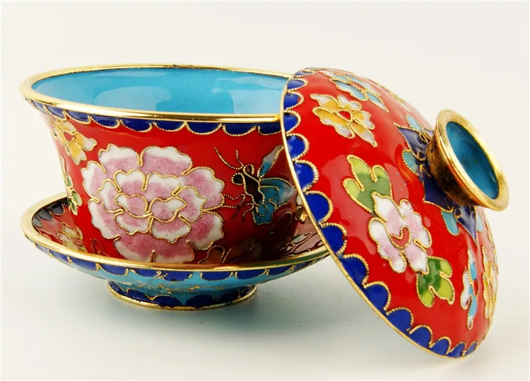 Vintage Chinese Cloisonne Decorative Bowl Lidded-Cup Tea Ornaments Handmade Fetal Copper Filigree Enamel Home Decor Crafts Gift