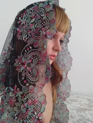 Color on Black Spanish Lace Mantilla Veil ,Catholic Chapel Lace Veil Mantilla ,Wedding Lace Veil