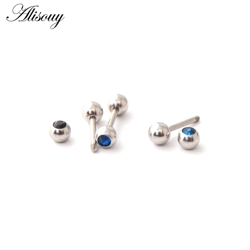 Alisouy 2Pcs Surgical Steel ball Round Crystal Cartilage Helix Barbell Bar Ear Stud Piercing 18G Earring Body Piercings Jewelry