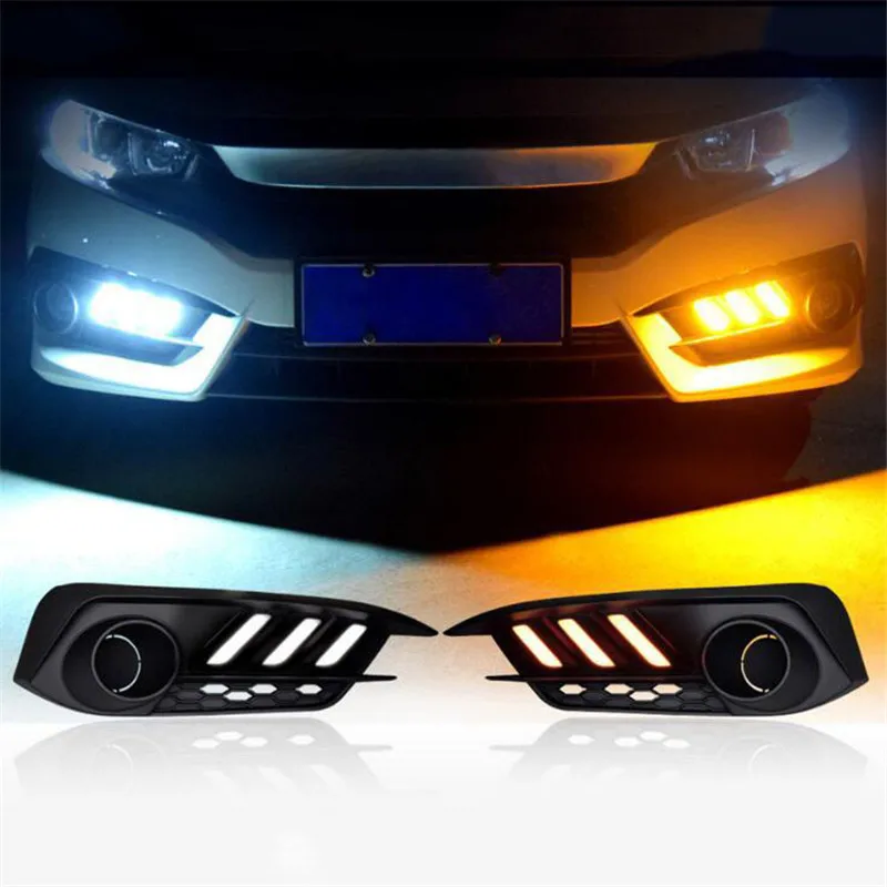 12v Car LED DRL Daytime Running Lights For Honda Civic 10th 2016 2017 Turning Signal Yellow Accessories with Fog Lamp Hole