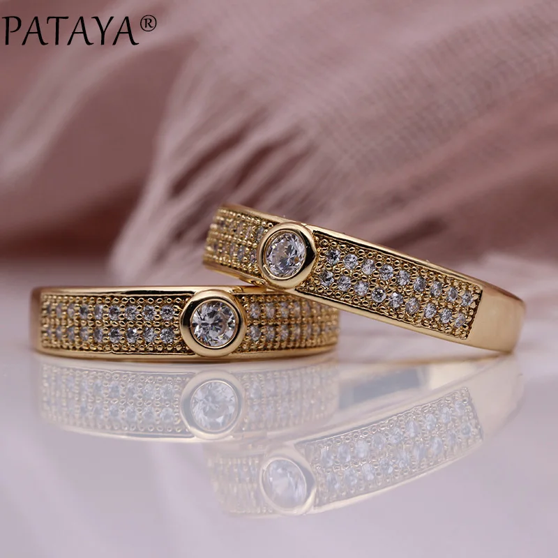 PATAYA New Micro-wax Inlay Luxury Women Rings 585 Rose Gold Color Wedding Fine Fashion Jewelry White Round Natural Zircon Ring