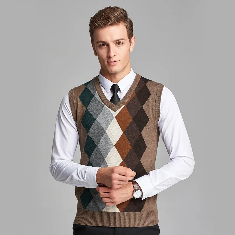 Camisola sem mangas de lã dos homens Primavera Autumn Argyle Pattern Cashmere Knit Vest Moda Masculina Xadrez V-Neck Colete