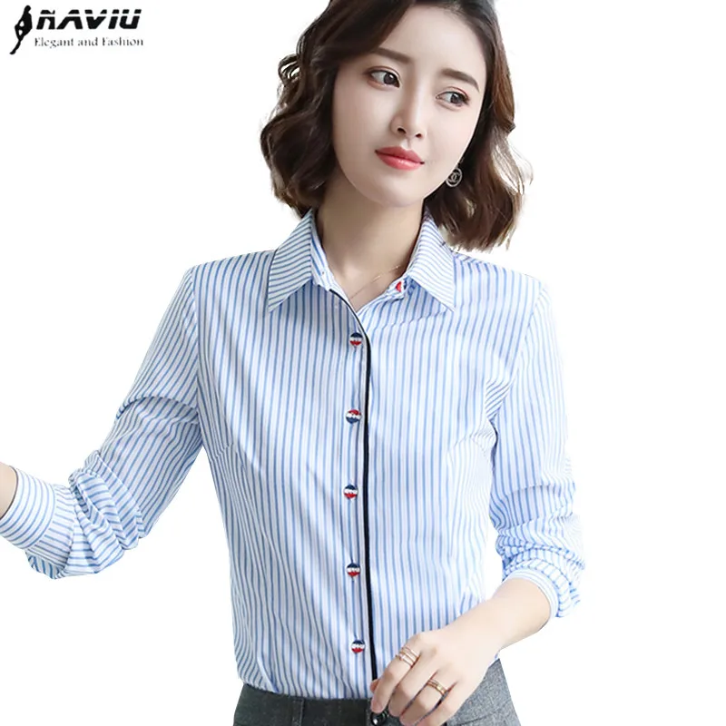 Fashion Clothes Women Blue Stripes Shirt New Formal Business Slim Long Sleeve Blouse Office Ladies Work Tops