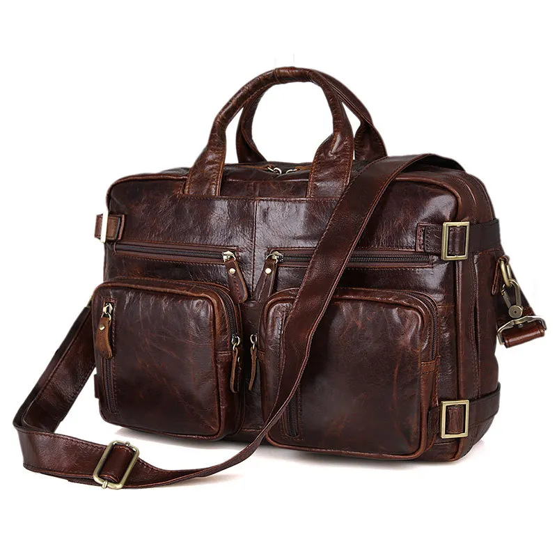 Nesitu Vintage Large Capacity Coffee Brown Genuine Leather Men Messenger Bags Executive Briefcase Shoulder Male Travel Bag M7026