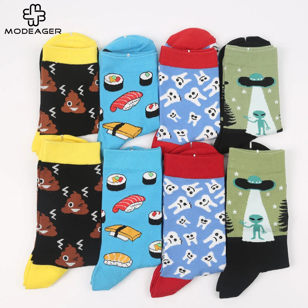 Modeager Brand Cartoon  Funny Food Pizza Hamburger Sushi Alien Cotton Men Socks Colorful Novelty Hip hop Skate Socks for Men