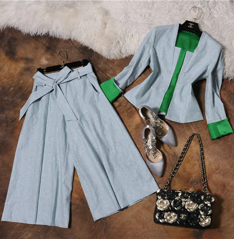 2016 Spring Women Vogue Suits Blazer Jacket fashion linen wide leg pants Suits three pieces sets