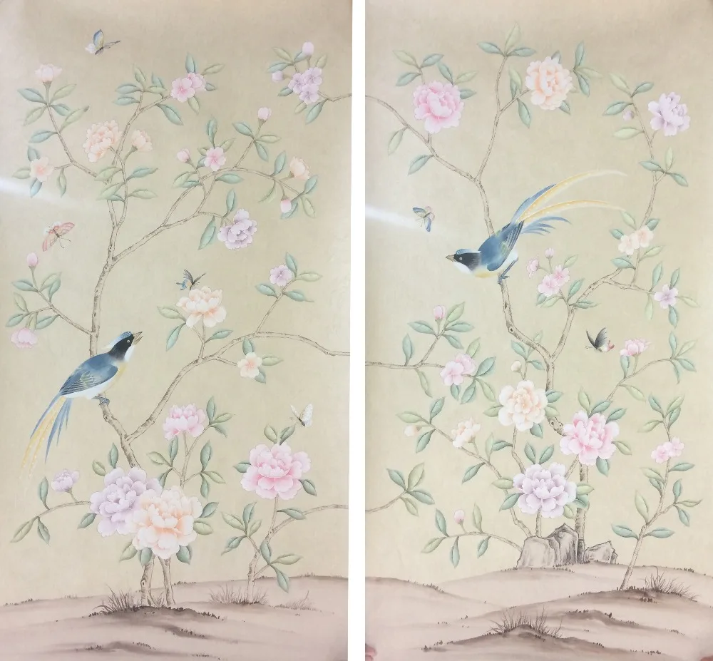 

Hand painted Non-Woven silk wallpaper painting peony flower birds Hand-painted wall paper many pictures and backgrounds optional