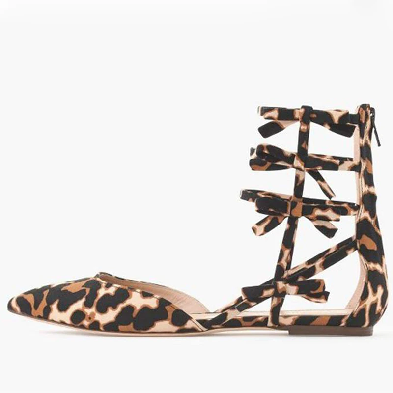 

Fashion Leopard Faux Suede Bowtie Strap Ankle Boots Flat Pointed toe Sandals Boots Ladies Summer Gladiator Bottines Women