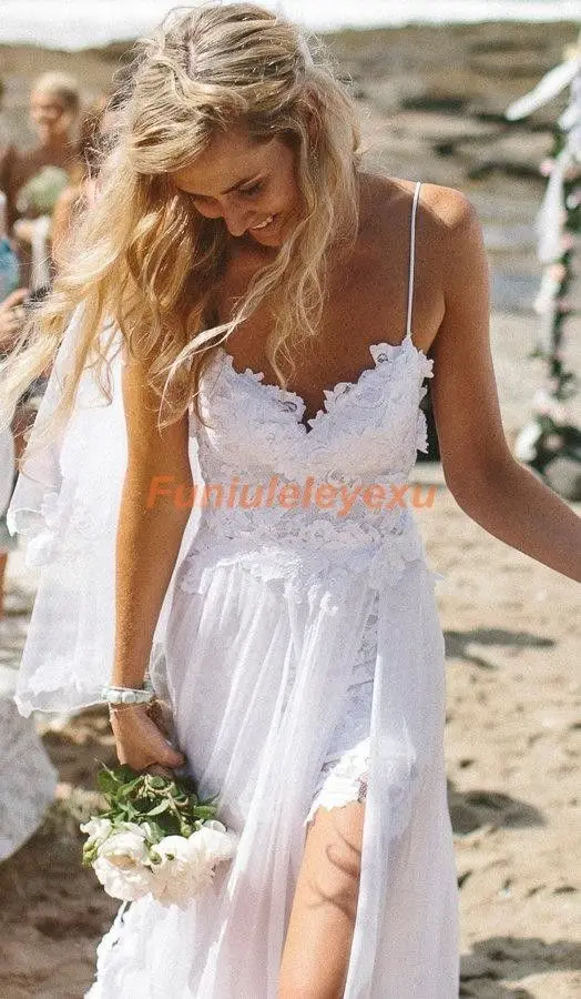 Sexy novo espaguete sem costas praia vestidos de casamento verão alta baixa renda chiffon vestidos de noiva branco marfim tamanho 2 4 6 8 10 12 14 16