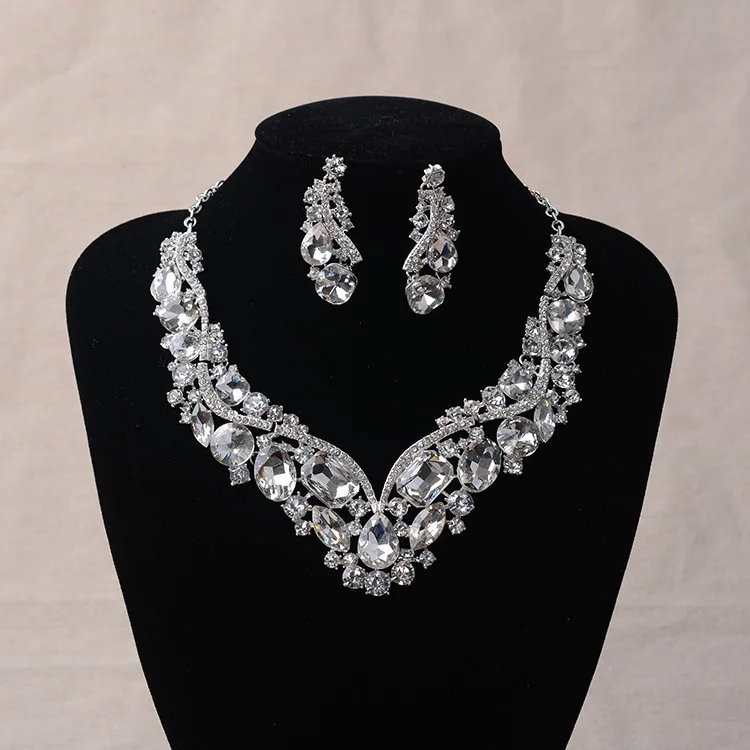 Luxury Rhinestone Wedding Jewelry Sets Earrings Geometric Crystal Statement Necklace Set for Bride African Bridal Jewelry Sets