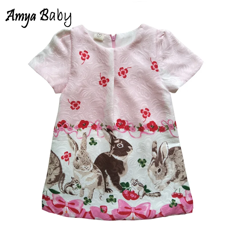 5pcs/lot Wholesale Factory Price Kids Summer Dress Floral Cartoon Rabbit Print Girls Dresses Children Bulk Clothes Toddler Dress