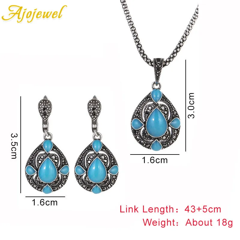 Ajojewel Blue & Green & Red Semi-precious Stone Vintage Jewelry Sets For Women Water Drop Shaped Necklace Earrings Ethnic