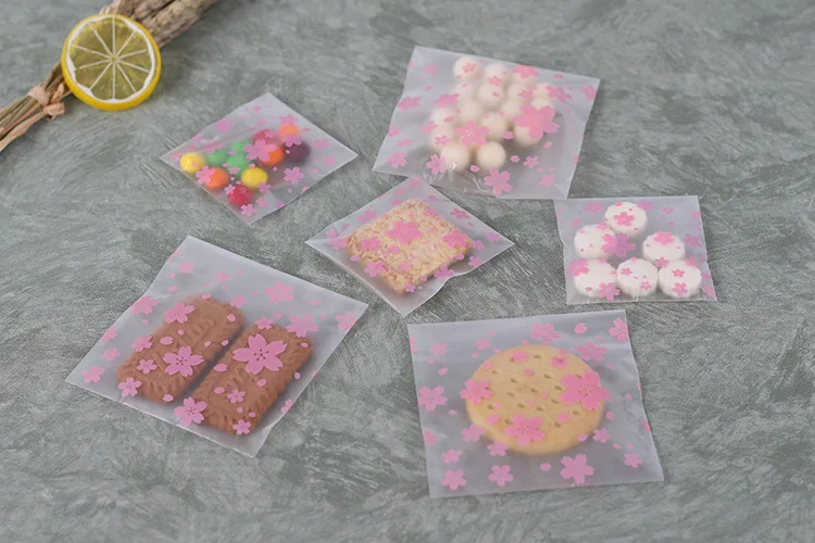 500PCS Pink Sakura Printed Plastic Packing Bag for Candy Biscuit Snack OPP Food Grade Self Adhesive Bags Cellophane Packaging