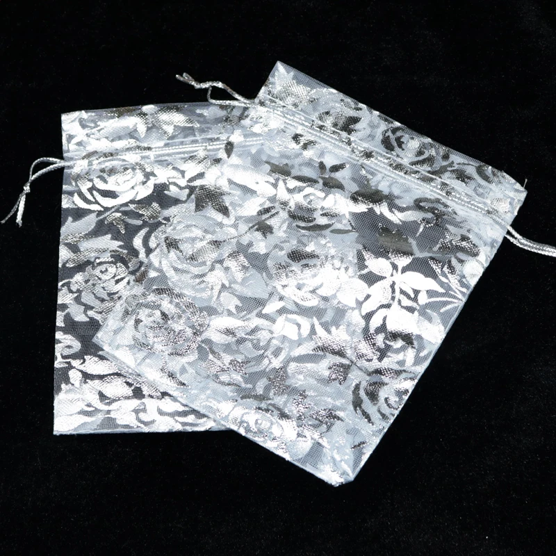 100Pcs 13*18cm White With Silver Exquisite Rose Flower Organza Bags Nice Jewelry Packaging Bags Wedding Christmas Gift Pouches