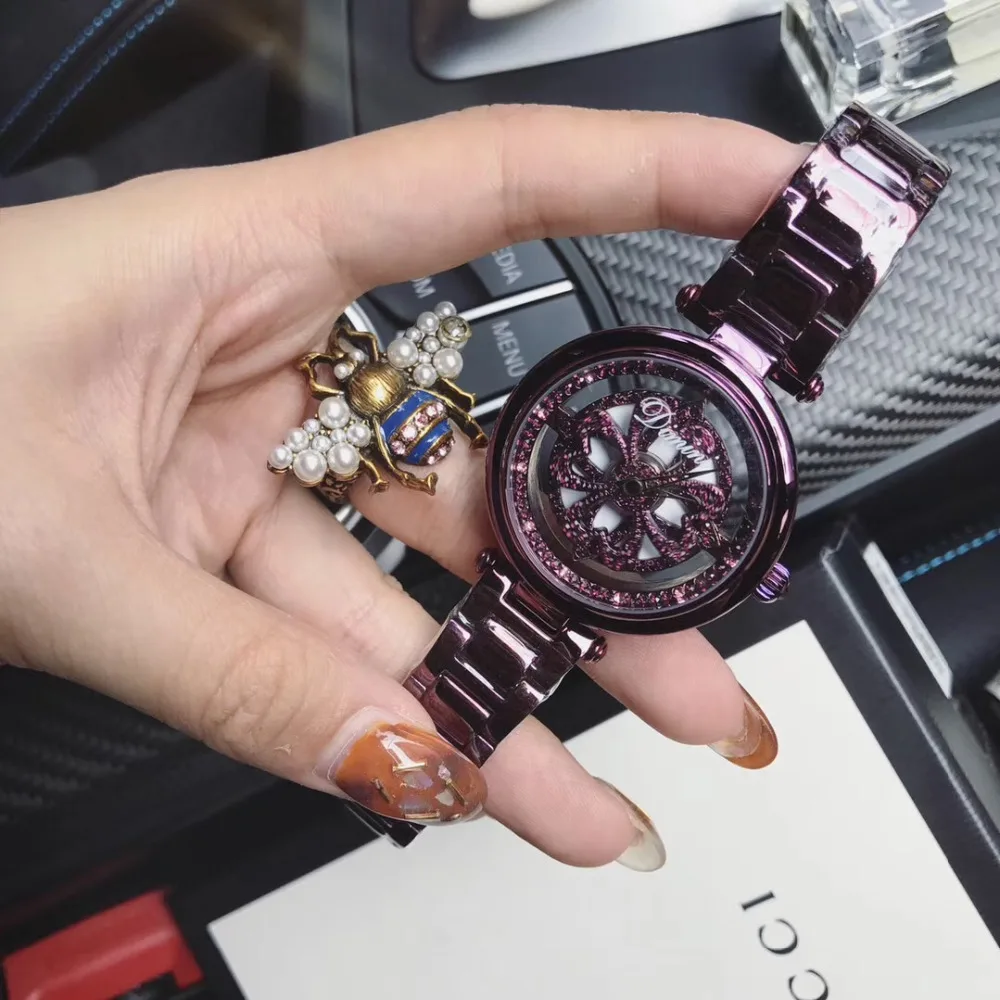 

Noble Purple Women Bracelet Watches Anti Fading Steel Wristwatch GOOD LUCK Rotaing Hearts Flower Watch Transparent Spinning 3Bar