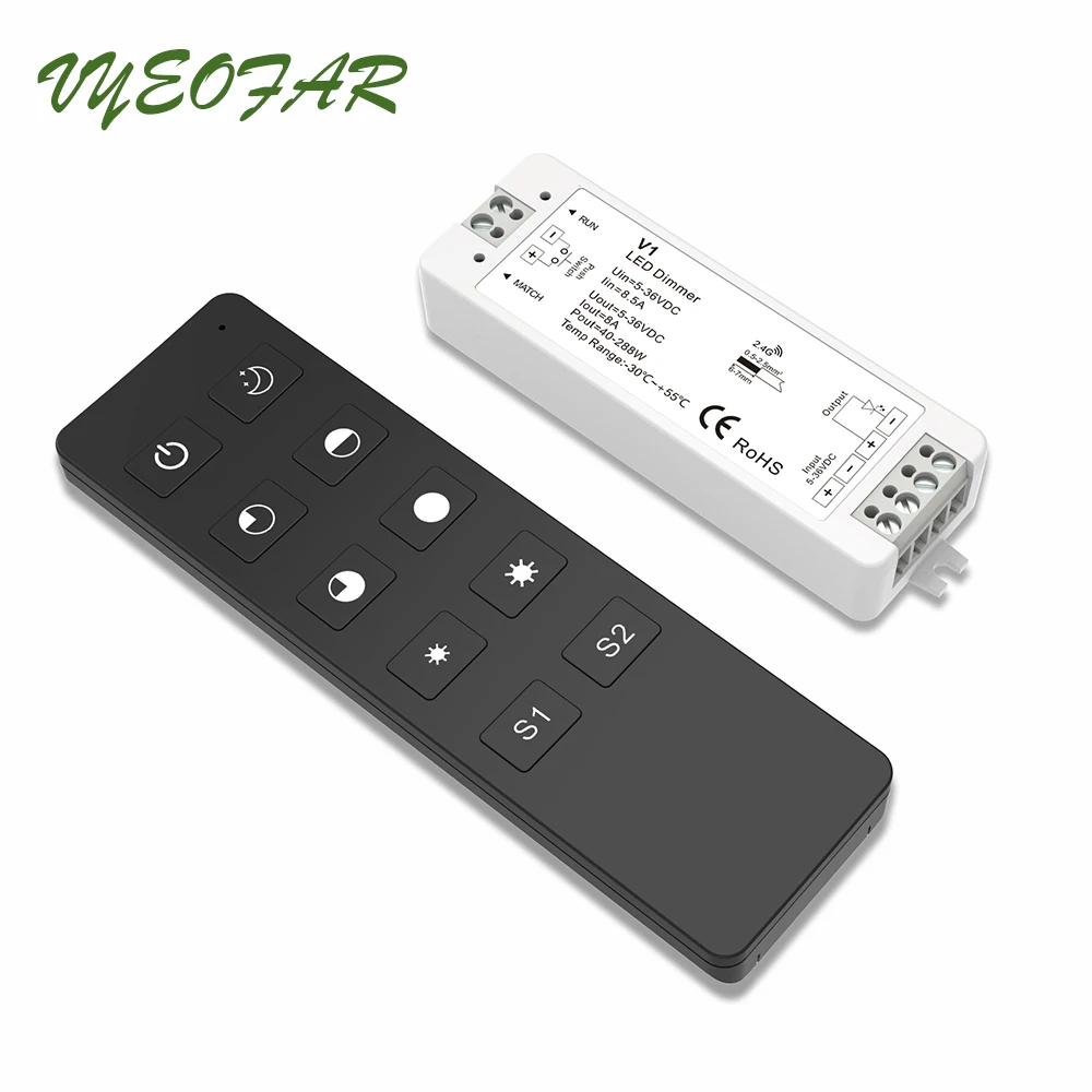 New LED Strip Dimmer 12V 5V 24V 36V Input 8A Output PWM Wireless Receiver RF Remote Single Color String Tape Ribbon Light Dim