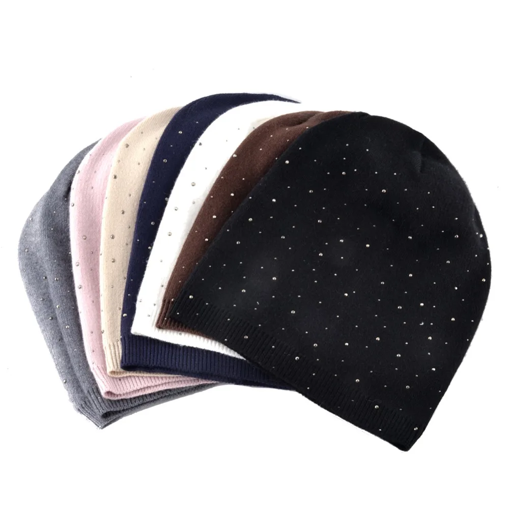 Ladies Fashion Rhinestone Pearls Beanie Women Autumn Winter Knitted Hats Women\'s Solid Color Bonnet Caps Female Knit Skullies