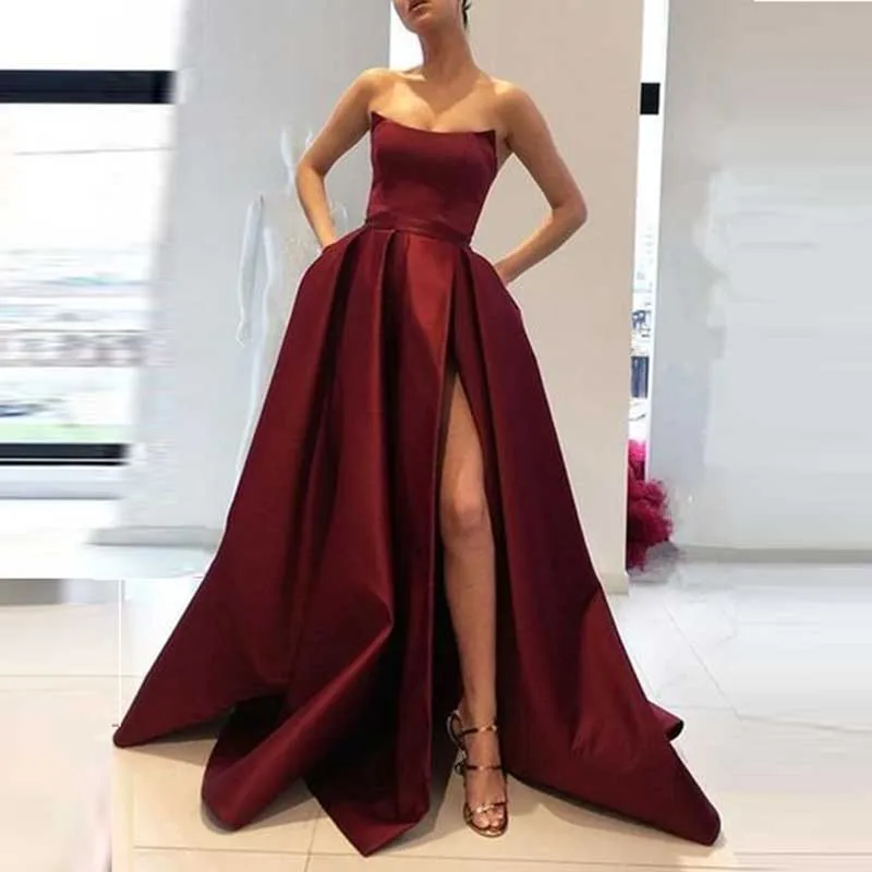 Sexy Strapless Evening Dress Long Sleeveless Side Split Vestidos Satin A Line Party Gowns Evening Gowns Robe De Soiree