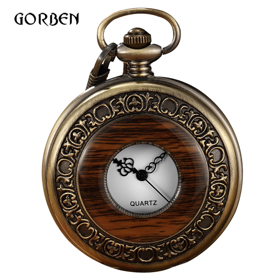 Vintage Wood Pocket Watch Men Box Arabic Numeral Quartz Fob Watches with Chain Pendent Steampunk Pocket Watches Relogio De Bolso