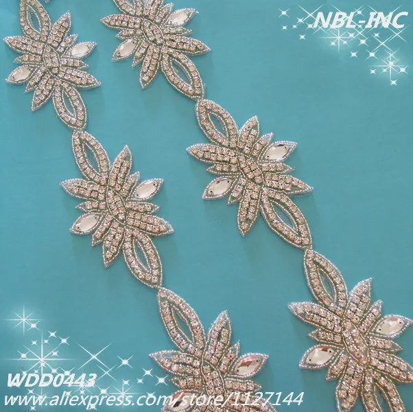 (10 YARDS )Wholesale beaded bridal crystal glass silver rhinestone applique trim iron on for wedding dress sash IRON ON WDD0443