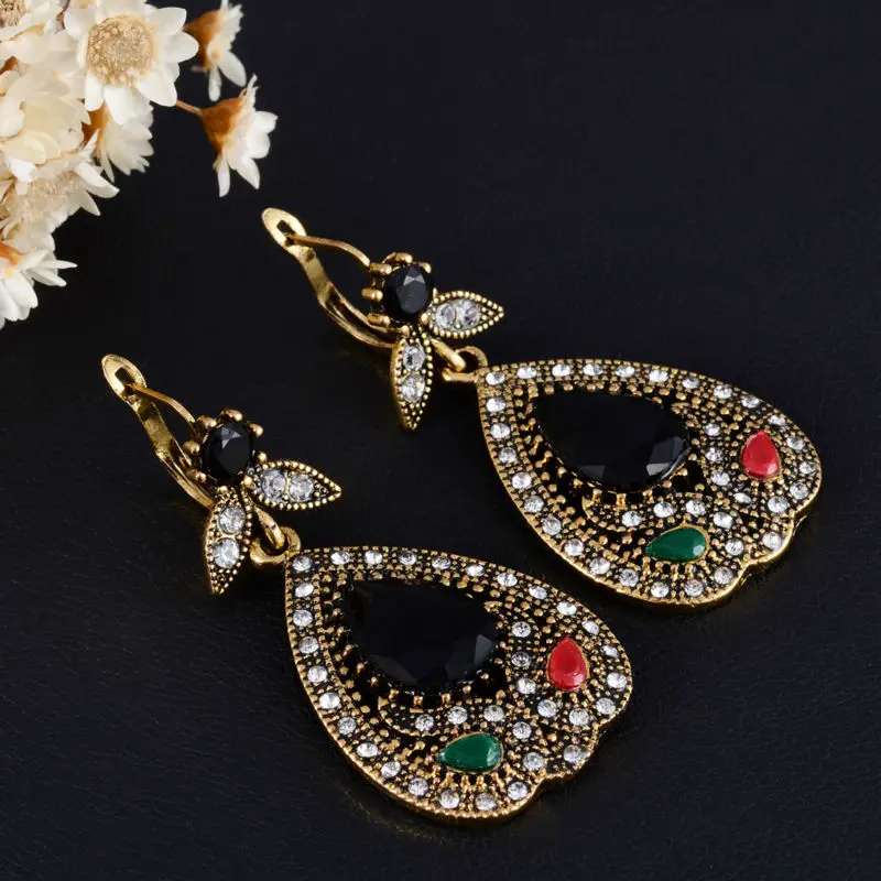 Elegant Turkish Jewellery Set Pear Jewelry White Crystal Green Wedding Necklace Earring Sets For Women Bohemian Ladies Bijoux