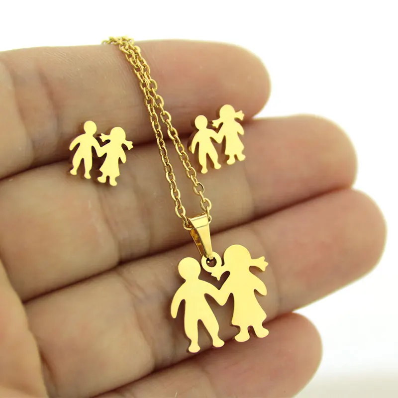 1 Set Golden Stainless Steel Girl And Boy Hand in Hand Jewelry Sets Charms Love Earrings Necklace Women Girls Couple Gift