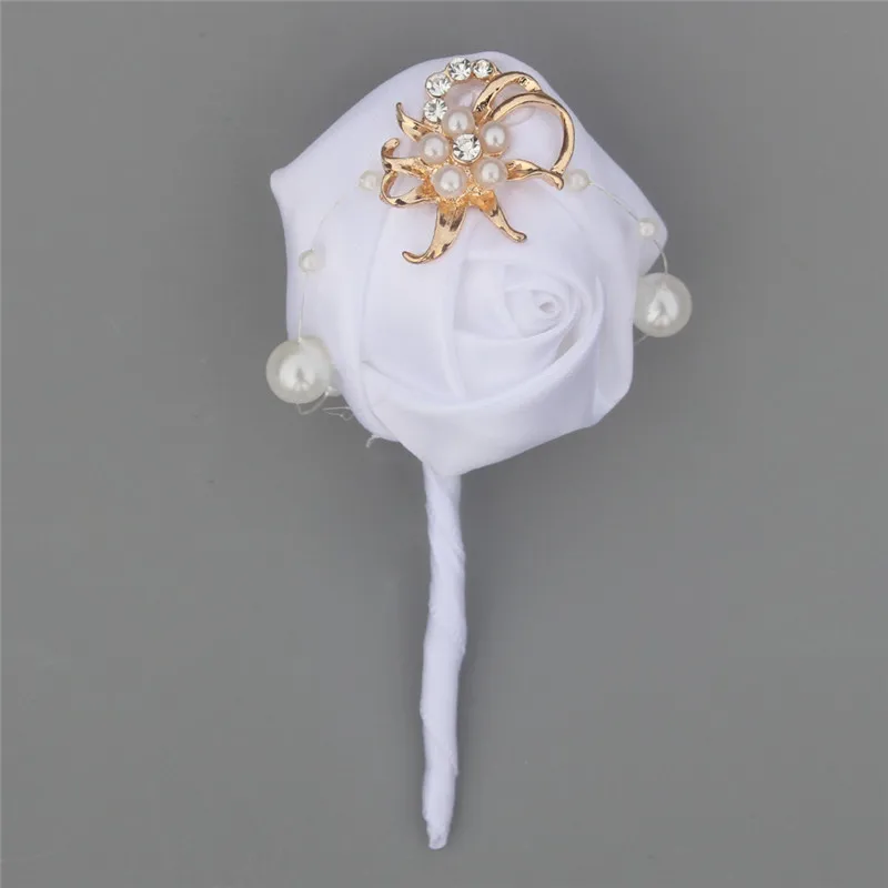 White Satin Golden Diamond  Groomsmen Flower Boutonniere Wedding Corsage Artificial Flower brooch Wedding boutonniere X5417-JY