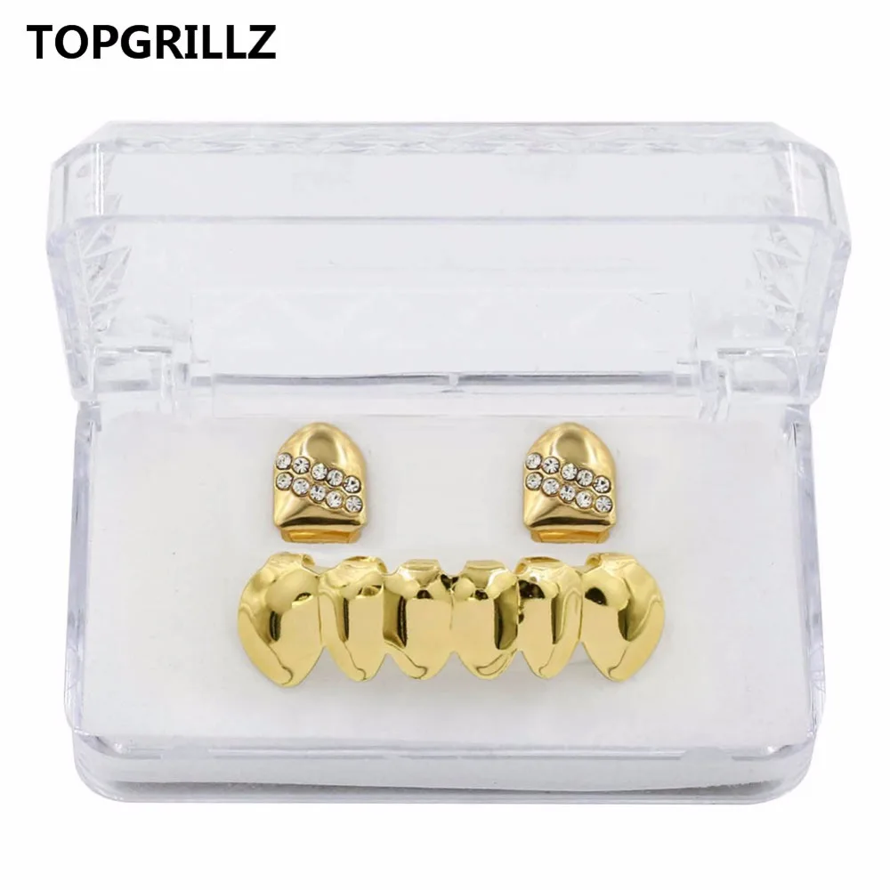 TOPGRILLZ Hip Hop Grillz Yellow Gold Color Plated  2 Single Top Teeth Grillz Caps With CZ Stone Tooth Grills & Classic Bottom