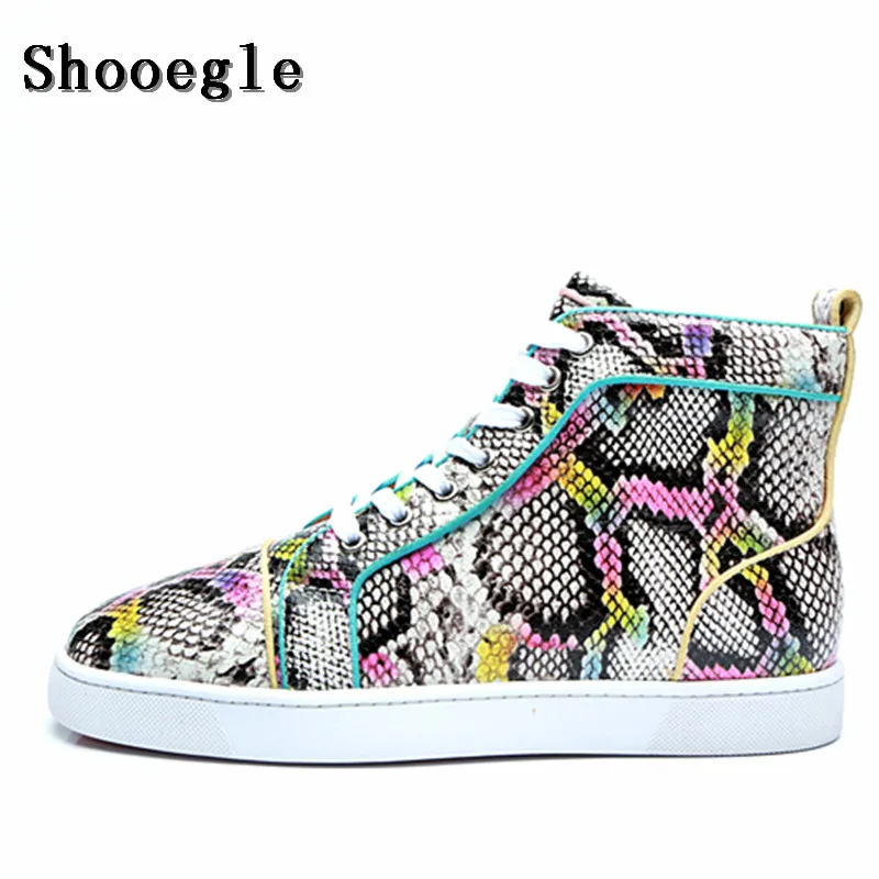 

SHOOEGLE Men Mixed Color Python Leather Lace Up High Tops Snakeskin Fashion Pattern Trainers Shoes Man Zapatos Hombre Size 38-47