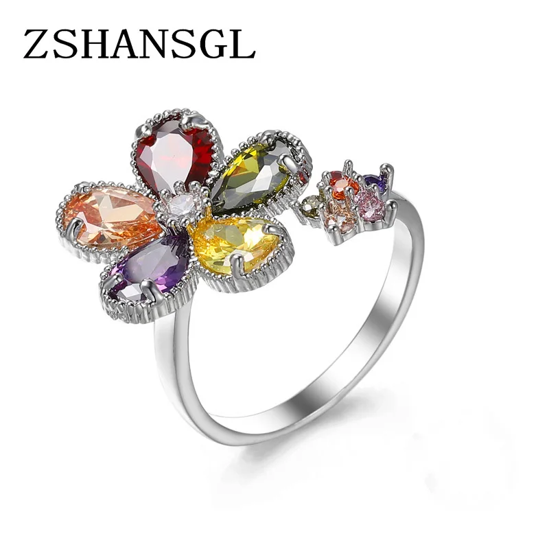 New Arrival 925 sterling silver Flower Shaped Cut Design Opening Rings Multicolor CZ Silver Color Ring for Women Fashion Jewelry
