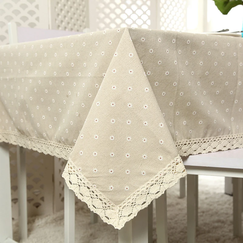 Daisy Flower Pattern Tablecloth Hot Sale Linen Cotton Table Cloth Lace Edge Rectangular Table Cloth Home Wedding Party Decor