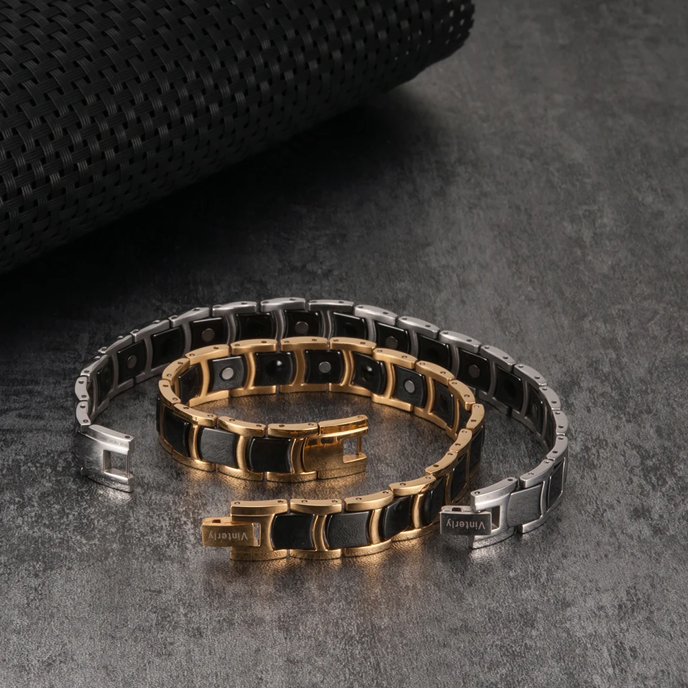 Vinterly Ceramic Magnetic Bracelet Men Women Gold-color Chain Link Health Energy Bracelets Bangles Charm Bracelets for Men Women