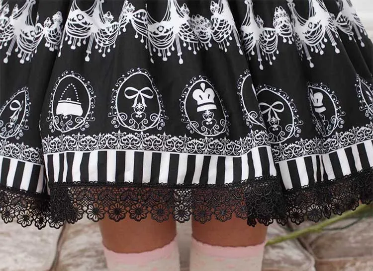 Women Lolita Skirts Custom Made Chandelier Print Vintage Pleated Lace Princess Pretty Female Elegant Short Above Knee Skirt