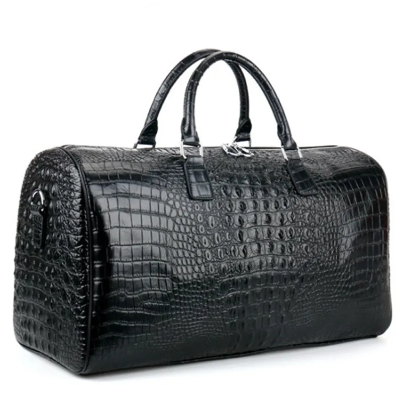 Male Two Layer Leather Travel Bag Large Crocodile Pattern Big Fitness Handbag Luggage Drums Shoulder Business Bags Black Handbag