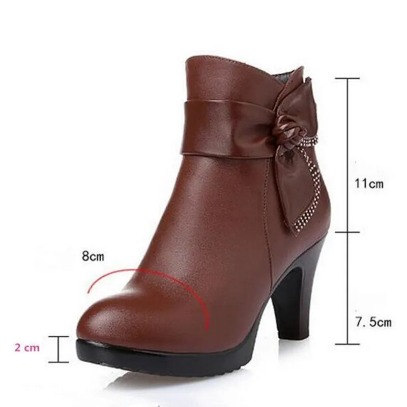 ZXRYXGS Brand Bow scarpe moda donna stivaletti invernali 2024 lana calda scarpe in vera pelle donna stivali da neve stivali tacco alto