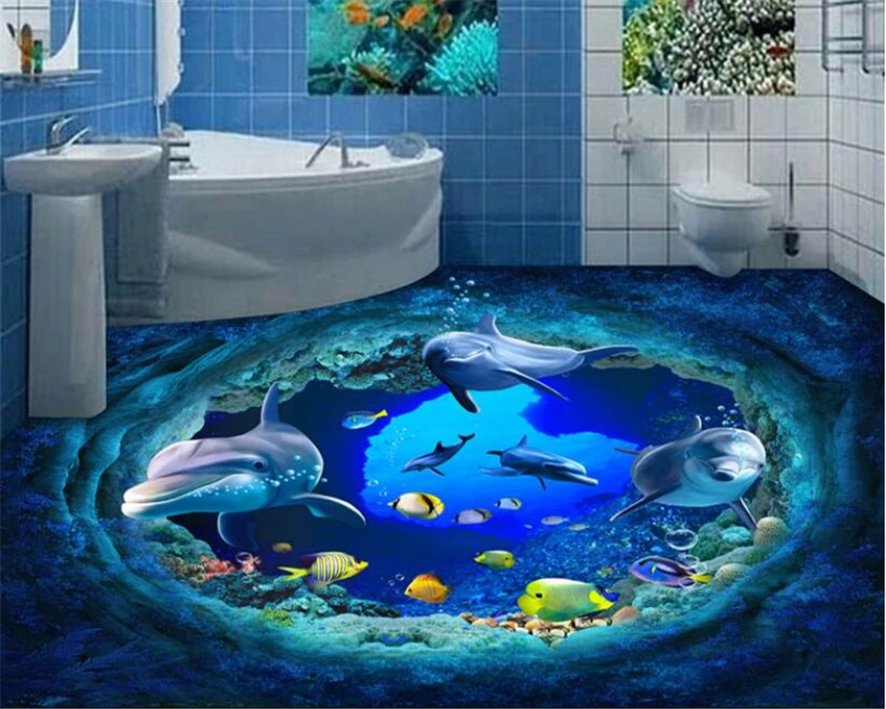 Custom wallpaper marine animal background floor stickers living room bedroom bathroom floor PVC waterproof stickers 3d floor