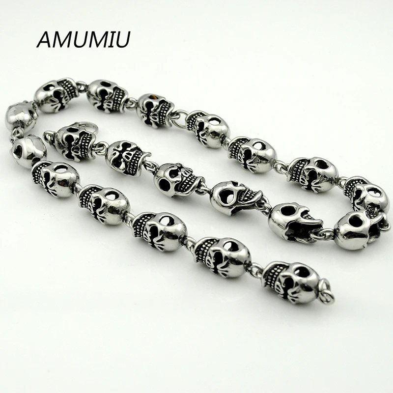 AMUMIU angry head skull chain 50cm 12mm skeleton necklace short for men rock jewelry new stainless steel HZP112