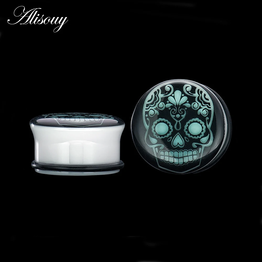 Alisouy 2 PCS Luminous Ear Tunnels Plugs and Gauges Skull Flesh Body Jewelry Ear Expander Stretching Glow In Dark 6-20mm punk