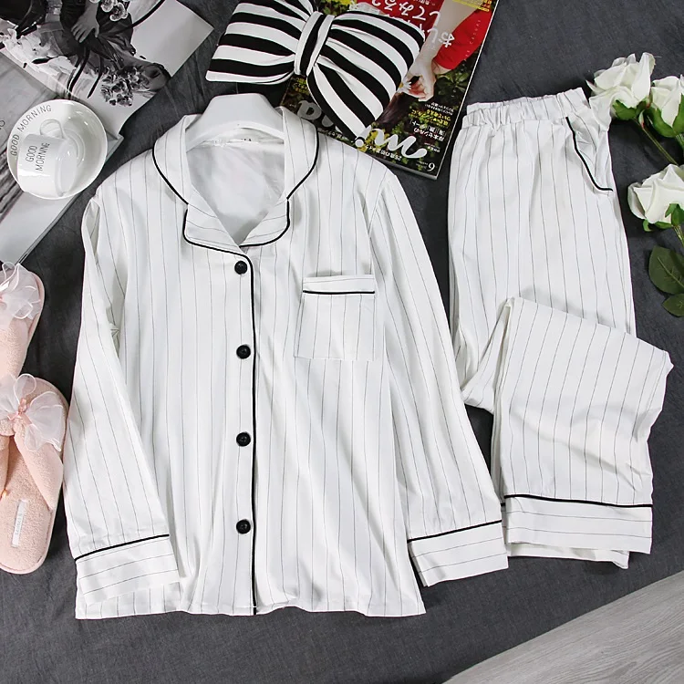 Pajamas Sets Women 2022 Striped Casual Cotton Long Sleeve Sleepwear Suit 2 Piece Sets Spring Homewear Lounge Pants Suits