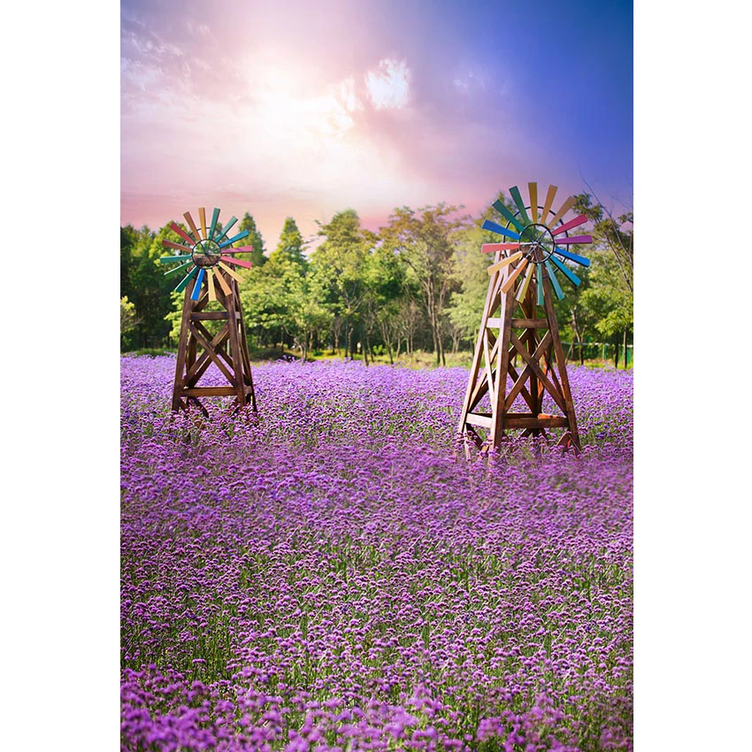 

Beautiful Lavender Field Flower Backdrop Photography Printed Windmills Sunset Purple Blue Sky Wedding Photo Studio Backgrounds