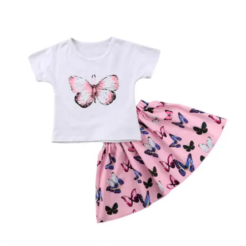 Summer Baby Girls Kids Toddler Sunsuit Clothes Cotton Butterfly Print T-shirt +Short Tutu Skirts Dress Clothing Outfit Sets 1-6Y