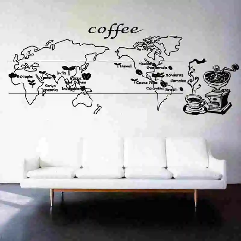 Coffee World Map Sticker Food Decal Cafe Poster Vinyl Art Wall Decals Pegatina Quadro Parede Decor Mural Coffee Sticker