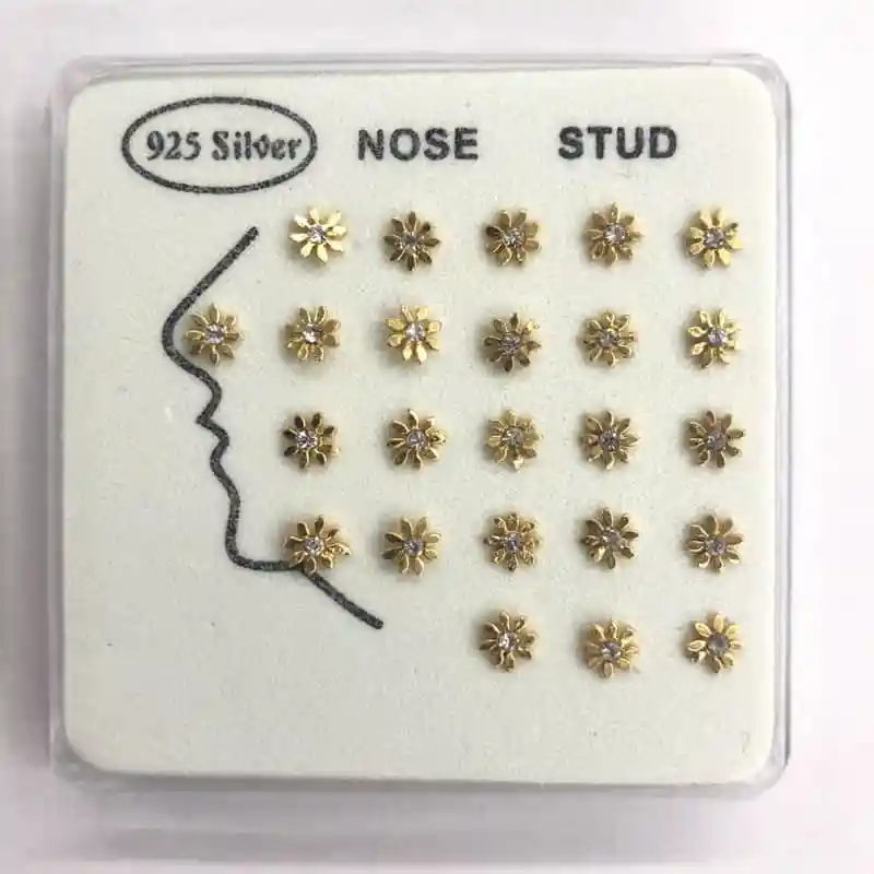 24pcs/set 100% 925 Sterling Silver Vintage Rhinestone Gold Sun Nose Rings & Studs Piercing Jewelry For Women Girls Wholesale New