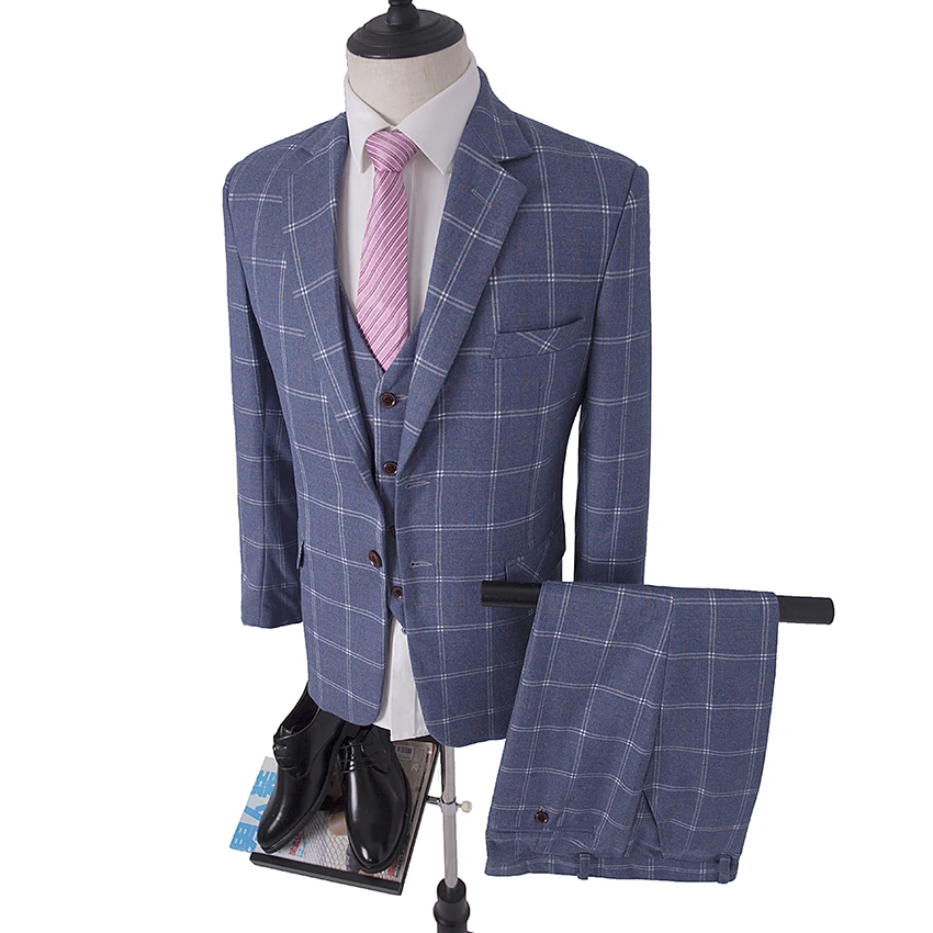 Light Blue Check Wool High Quailty Custom Made Men Suit Blazers Retro Tailor Made Slim Fit Wedding Suits for Men 3 Piece