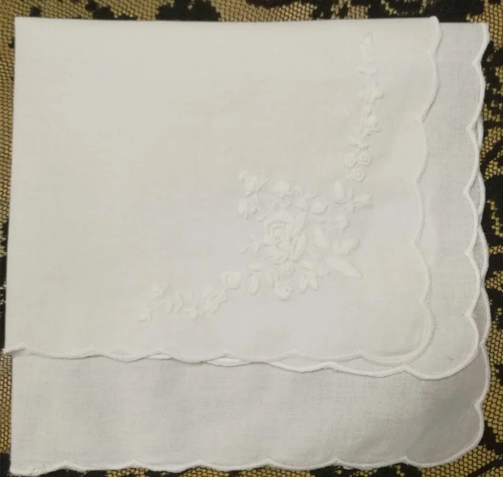 Set of 12 Fashion White Cotton Ladies Handkerchiefs 12-inch Wedding Hankie Women Hanky with scallooed Edges & embroidered Floral