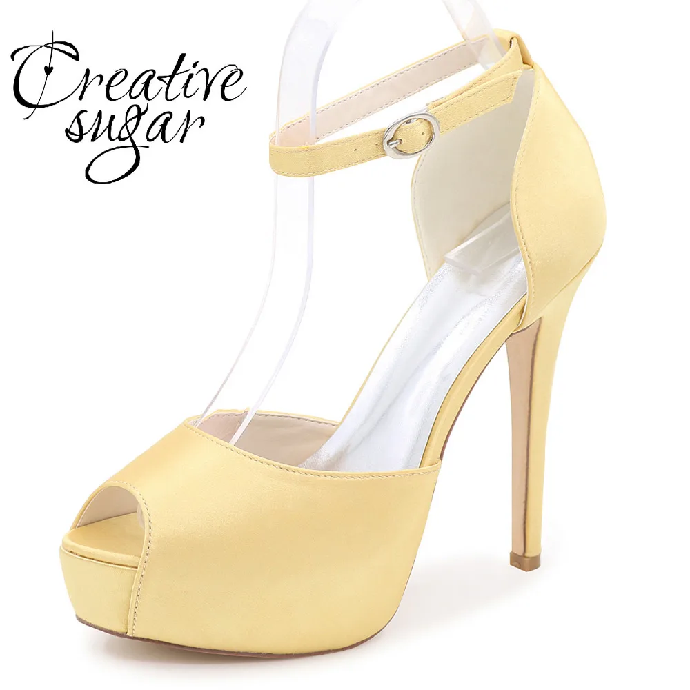 

Creativesugar satin high heel platform D'orsay peep toe woman pumps ankle strap dress shoes party wedding prom heels gold silver